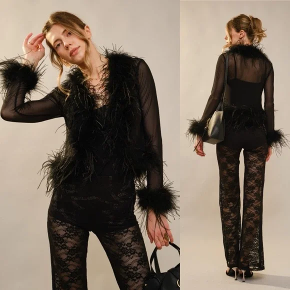 Elegant Black Feathered Women's Top - Picture 3 of 7